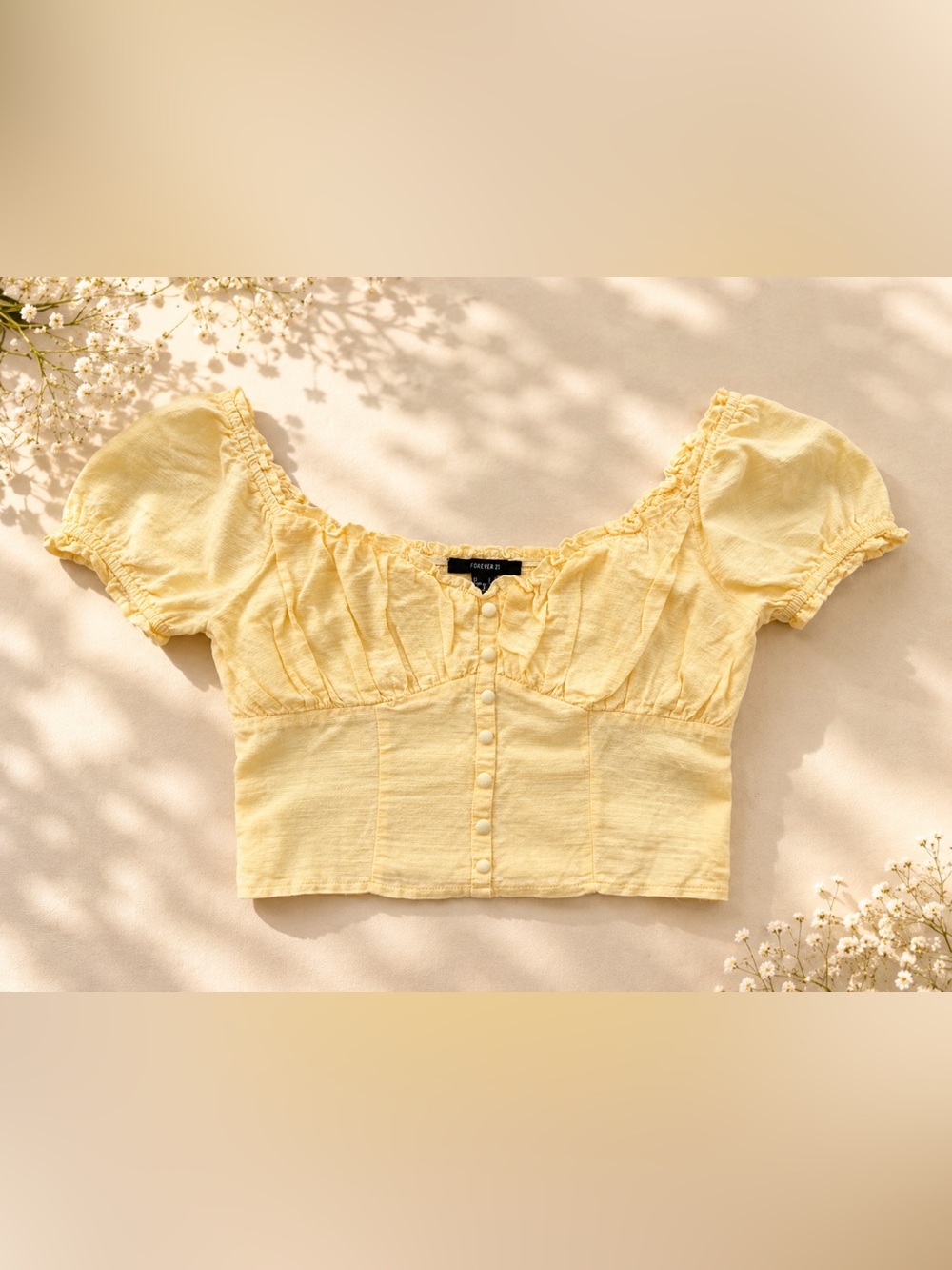 Forever 21 Pale Yellow Puff Sleeve Cropped l Button-Front Top.